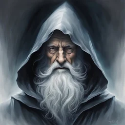 In the dimly lit scene, an aged wizard emerges from the depths of a hood, his face partially obscured by shadows. This evocative painting captures the wizard\'s weathered features, hinting at a lifetime of knowledge and arcane power. Wisps of silver-grey hair cascade from beneath his hood, framing a face lined with wisdom and experience. The carefully crafted brushstrokes convey a sense of mystery and mystique, emphasizing the wizard\'s enigmatic presence. This high-quality painting juxtaposes d