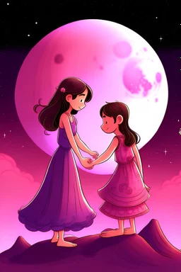 İki yakın arkadaş(iki küçük kız) biri pembe ve diğeri mor elbise giyiyor mor elbiseli oturan pembe elbiseli kıza yardım ediyor arkaplan olarak ay ve güneş karışımı bir gezegen