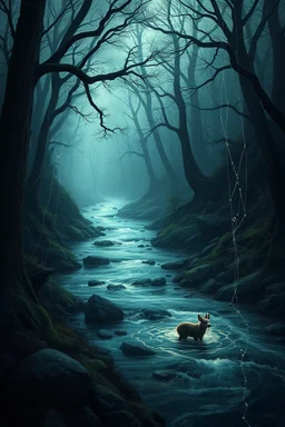 fantasy winding dark forest river with animal in the darkness and cobwebs and little will o' wisps