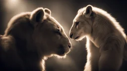 romantic photograph of two animals in a loving relationship, halo lighting, chiaroscuro, beautiful photo