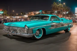 turquoise Ford Thunderbird lowrider with souped up hydraulics bouncing up during a night street racing event at a Los Angeles street, car's wheels are off ground, neon, fast and furious aesthetic, young glamorous onlookers dressed in flashy streetware, photograph