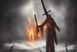 Church executioner, Fire theme art, Dark moody night atmosphere, 8K, high body details, anatomically perfect bod