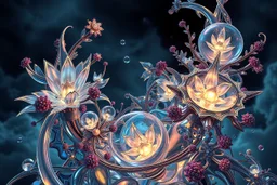 Dynamic complex hypnotic fractal 3D structures Symmetry twisting and morphing between cifi plants ,flowers and metal 3d geometric forms , smooth translucent iridescent glass with inner glow and bubbles, varied transparent materials, stormy skies, intense dramatic
