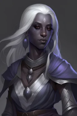 Female Drow cleric of Selune with lone white hair grey skin and voilet eyes