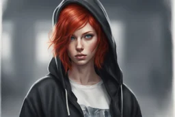 Woman with bright, short red hair, blue eyes, wearing a black hoodie, realistic