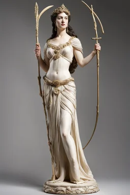 [true model woman model in flesh] Diana of Gabii stands upright, her weight evenly distributed. Her left arm is extended, holding a bow, symbolizing her role as the goddess of the hunt. The bow is delicately carved, adorned with intricate details that demonstrate the artist's meticulous attention to craftsmanship. Her right arm is slightly bent at the elbow, forming a graceful curve as her hand rests near her hip. The flowing drapery that adorns Diana's body further enhances the sense of movemen