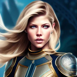 Katheryn Winnick, Cyborg warrior, light blonde short hair, pixie hairstyle, cobalt eyes, waist up portrait, 8k resolution, intricate details, ornate details, soft lighting, vibrant colors, masterpiece, intricate eyeliner, dark eyeshadow, eyes, intricate tattoos, gradient background