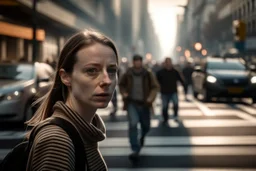 woman in close-up, medium shot, crossing a zebra crossing in a big city. In the background traffic and people out of focus. And slight smoke coming from the sewers. Realism. Cinematographic image. Image format brightness.