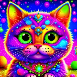 Lisa frank inspired cute kitten with planet-like big eyeballs that are taking up more than half its face and lots of glitter and sparkles and super happy with a big smile with sparkles fat and fluffy body small body big head less neon more sparkles