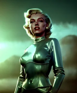 Ultra Realistic retro sci-fi scene, portrait, 2 blonde woman clones, sweet young Marilyn Monroe face, perfect iris, tight latex coat, helmet, Strange planet background. Spaceship, fog, rain, soft color, highly detailed, unreal engine 5, ray tracing, RTX, lumen lighting, ultra detail, volumetric lighting, 3d, finely drawn, high definition, high resolution.