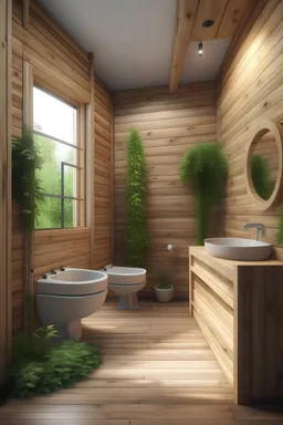 Generate a bathroom with a toilet , made out of wood,, with windows, a mirror, vegetation. With interior design and attention to details.