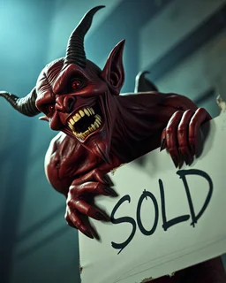 A realistic ghoulish laughing devil leaning forward at an angle as if over someone's shoulder, facing right, holding a large sign that says "SOLD" in clear letters. No humans, no extra subjects, cinematic horror lighting.