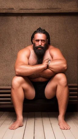 full figure shot photography, drunk beefy burly sweaty gipsy man , masculine hairy 55 year old man, dreadlocks, several tattoo, long beard, , hands behind the head, big shoulders, big arms, closed eyes, ambient occlusion ,sitting in a Sauna, super high resolution, 8k, cinematic light, ultra hyper realistic, frontal view from the bottom, view angle from the ground