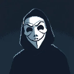 18 bit pixelart of a shadow figure with a white smooth wide smiling mask fawkes