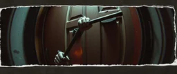 weird ass burglar breaking open a door with a crow bar , pinhole cam, airbrush 3d rendering, in the style of John Atkinson Grimshaw , torn edges on border