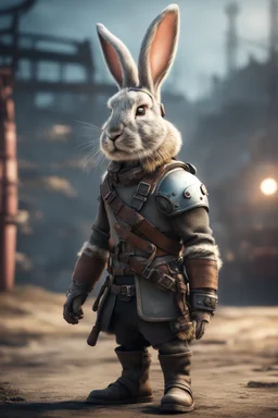 portrait of fast viking rabbit with helmet & boots in fallout 4 setting, bokeh, downlight, prize winning, depth of field, in the style of ivo caprino