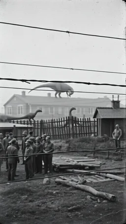 An old picture style of fblack and white mono very bad quality looks very old camera picture with cracks of prisoners beyond bare wires in a Nazi concentration camps year 1900 in the background from a distance dinosaurs