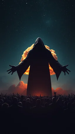 A field of random people with bright lighting , at the end of the picture is a deep night dark with stars sky background the universe with a huge nuke explosion behind the explosion a very large open arms dark scary shadow of a black hooded creature