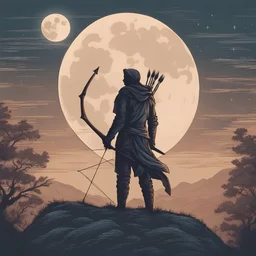 silhouette of the archer on the top of the hill, full moon is shot with an arrow, illustration, orange and blue hues, desaturated