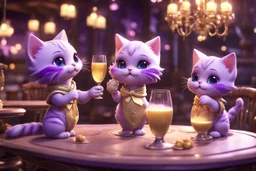 cute chibi kittens drinking champagne in a beautiful dessert shop in purple in lamplight Weight:1 3D Game Cinematic Feel, Epic 3D Videogame Graphics, Intricately Detailed, 8K Resolution, Dynamic Lighting, Unreal Engine 5, CryEngine, Trending on ArtStation, HDR, 3D Masterpiece, Unity Render, Perfect Composition Weight:0.9