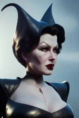 Lana Turner as evil queen in black leather, leather, busty, cleavage, angry, stern look. character design by cory loftis, fenghua zhong, ryohei hase, ismail inceoglu and ruan jia. unreal engine 5, artistic lighting, highly detailed, photorealistic, fantasy