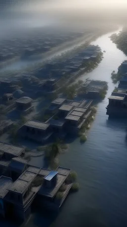 A top view of the Mesopotamian city by the river 5000 bc ,surrealism of the dark of a nightmare ten miles high and six foot deep, hyper photorealistic, hyper detailed dark art color, high resolution, fog, octane render, tilt shift, HDRI Environment, all pictures dark gray