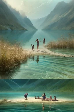 four kids SWIMMING AND PLAYING on beautiful lake . one of them cooking fish and the other three playing on a by Jean-Baptiste Monge, highly detailed, lighting, very attractive, beautiful, high detail, award winning, hyper-realistic, high definition, crisp quality, watercolor highly detailed Award winning photography photorealistic