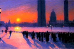 People, sunset, city, city lights, street lights, winter, distant city, philip wilson steer impressionism painting