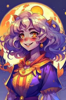 Style: anime manga, A Girl with Brown skin tone, Red eye with a yellow base, Full curly white hair, moon-shaped cheek marks, and a childish smile, Her face is half in profile, Her outfit is: A lunar witch with purple color.