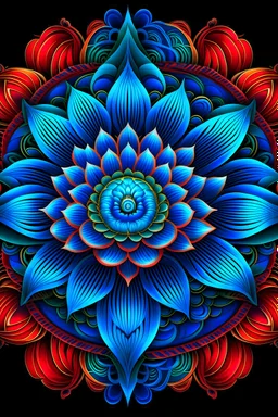 Psychedelic Art of a Azure-Blue Lotus with a Crimson-Red Eye in the center