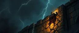 d&d professional thief climbing a wall during lightening