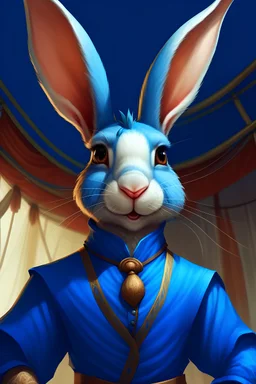 Portrait of a dungeons and dragons character that is a skinny male rabbit with blue fur on his face and body. The background is a circus tent.