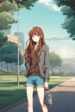 attractive anime woman with brown long hair, modern clothes, full body in frame