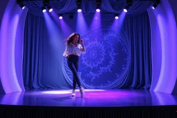 modern stage with gray-blue theme artistic decoration , color full dynamic lighting, a beautiful lady in pants and blouse with sport shoes dancing, 3D recursive fractal structure animating background