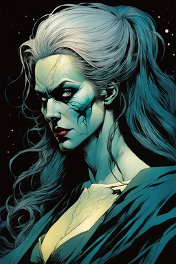 create an arcane, ethereal, otherworldly gaunt ancient female Bruxa vampire , in the comic book art style of Mike Mignola, Bill Sienkiewicz, John Romita Jr., Leonardo Romero, Simone D'ARMINI, and Jean Giraud Moebius, with highly detailed feminine facial features , finely penciled and inked , dramatic natural lighting