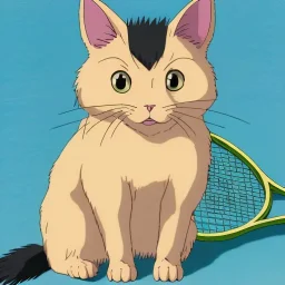 Shaved cat playing tennis