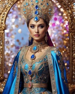 Gorgeous photography stand pose Beautiful super model Turkey islamic dressing Luxury Queen colorful art conceptual, amazing artwork,close-up portrait,crystal diamonds shappire ornaments background