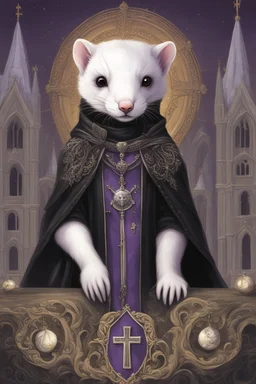 (anthropomorphic white ferret),dressed in ((cleric fantasy)) black clothes with silver holy ornaments, realistic anatomy, holy symbols around, serious face, hold holy cross symbol, tired face, in the style of LOISH, look at the vivewer, cute face, fantasy inspire, fantasy church on background with sunshine, gloomy atmosphere, high angle shot, purple armband, The holy icon style