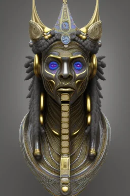 Aztec male African Egyptian alien, cracks in the voodoo head, wicked, eyes, crown, Elephant, 8k, finely detailed, photo realistic, tiger turquoise skull head gold dragon space alien snow skeleton gold hornytoad silver crown silver eyes