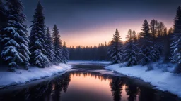 volga river,photo of a snowy fir forest,christmas magic, midnight hour,,reflections,8k, volumetric lighting, Dramatic scene