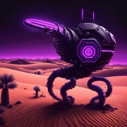 neon black and purple large and long worm-like robot with a 3D hexagon for a head in a dark monochrome desert