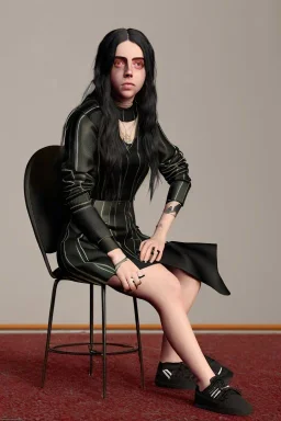 Billie Eilish, sitting on a chair, Black Short Dress, high detail