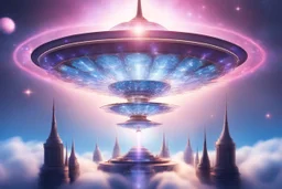 a cosmic beautiful DISH SPACESHIP made of crystals and light is flyng INA MAGIC BRIGHT SKY OF A GALAXY. IT IS PASSED BY A VERTICAL SHINE FROM TOP TO BOTTOM