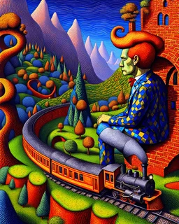 Created with Bing / Dall-E 3 option, using variations of the prompt below. ♨️ Prompt: (((Magritte, Klimt, Miró effect))). Monolithic man, Blue/yellow checkered suit, black hat, red hair, sitting on a grassy mound. Steam locomotive approaching a red brick tunnel under the mound. Surreal helix trees with green/orange foliage. Metallic blue crooked dwellings with cracked glaze and smoking stacks. A dark blue sky with flying birds and snow-capped mountains. Ultra Detailed, 3D, 16K. Modern Surrealism