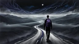 A solitary androgynous figure seen from behind, carrying an big heavy dark backpack, walking alone along a long winding road floating on a vast dark sky. Surreal abstract dreamscape, the road curving into endless darkness, abyss, mist, uncertainty and emotional weight, alone caracter, black gray, Dark blue, charcoal and muted dark purple tones, deep sky, digital art, etheral, atmospheric, dreamlike