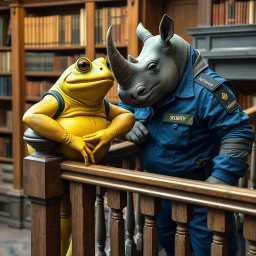 close up photo from a big and fat yellow-green anthropomorphic frog hybrid leaning on an old wooden banister in simple human clothes talking with a strong anthropomorphic rhinoceros without horns in blue modern security guard clothes, they talking and elbowing on an old wooden railing, in background a bibliothek with tall book shelves, detailed sci-fi, fantasy mood