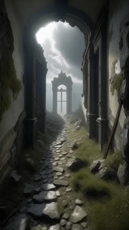 narrow stone path above the ground gradually getting higher into the clouds no railings, dangerous drop people in black leathers medievil period weather is wet spiraling into the clouds fantasy