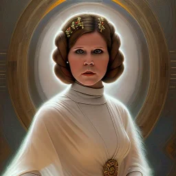 round framed complete and ultra realistic detailed head to waist portrait of young carrie fisher as Princess Leia with realistic hairstyle by Mandy Jurgens and mucha and Richard Schmid and chuck close and chie yoshii, extraordinary and detailed ceremony dress of star wars,