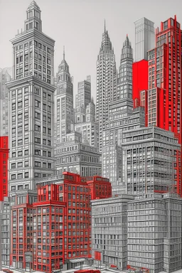 Fine lines draw of a dream city , nyc building , gray and one building painted red
