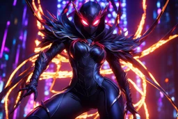 Hot Silk carnage in 8k solo leveling shadow artstyle, spider costum, dynamic pose, oshare kei, hurufiyya, rtx , neon lights, intricate details, highly detailed, high details, detailed portrait, masterpiece,ultra detailed, ultra quality